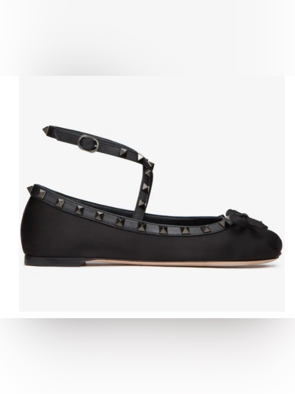 Valentino Black satin Rockstud Ankle-Strap Ballet Flat, Sz 39 EU, 9 US